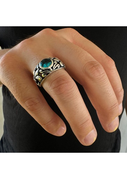 925 Ayar Gümüş Mavi Aquamarine Taşlı Zambak Motifli Zarif Erkek Yüzük fırsatları