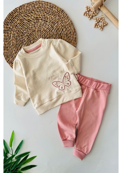 Kelebek Işleme Detaylı Kız bebe takım - Pembe