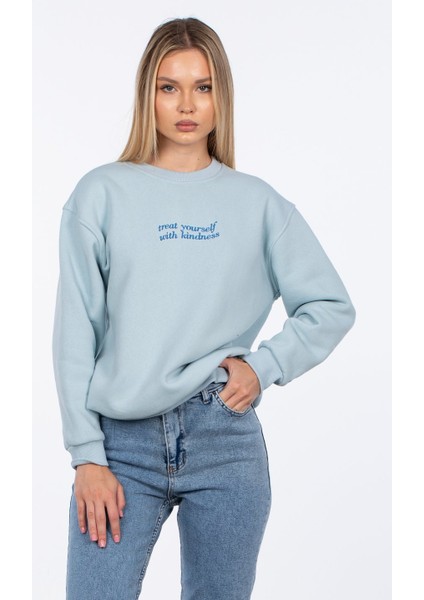 Yazı Nakışlı Sweatshirt - Buz Mavisi