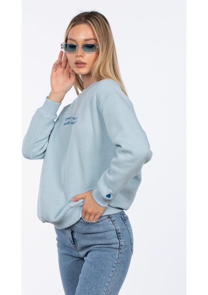 Yazı Nakışlı Sweatshirt - Buz Mavisi