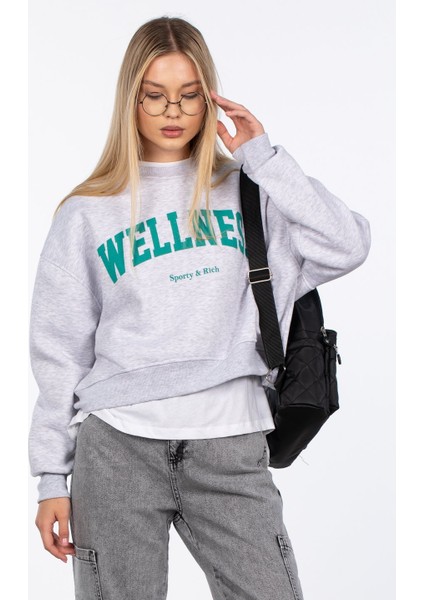 Wellness Baskılı Sweatshirt - Kar Melanj