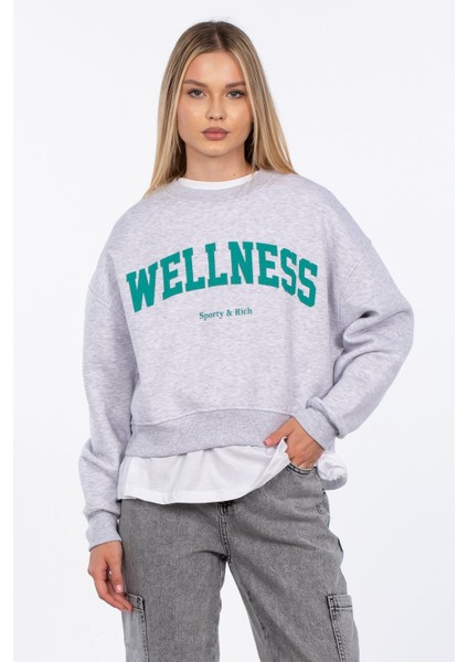 Wellness Baskılı Sweatshirt - Kar Melanj