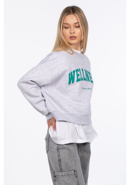 Wellness Baskılı Sweatshirt - Kar Melanj