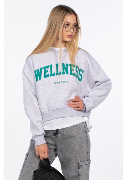 Wellness Baskılı Sweatshirt - Kar Melanj