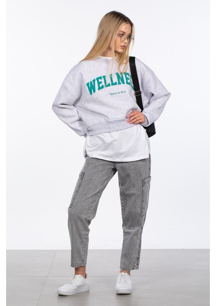 Wellness Baskılı Sweatshirt - Kar Melanj