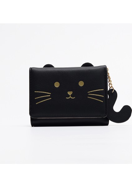 Cüzdan Kart Tutucu Pu Malzeme Kolayca Deforme Olmaz Kedi Desenli Düz Renk Stili , Siyah (Yurt Dışından)