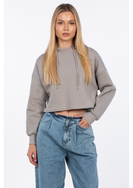 Basic Kapüşonlu Kısa Sweatshirt - Gri