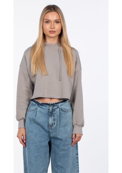 Basic Kapüşonlu Kısa Sweatshirt - Gri