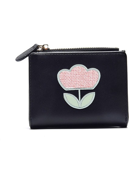 Cüzdan Kart Tutucu Taşınabilir Pu Malzeme Taze Düz Renkli Çiçek Nakış Stili, Siyah (Yurt Dışından)