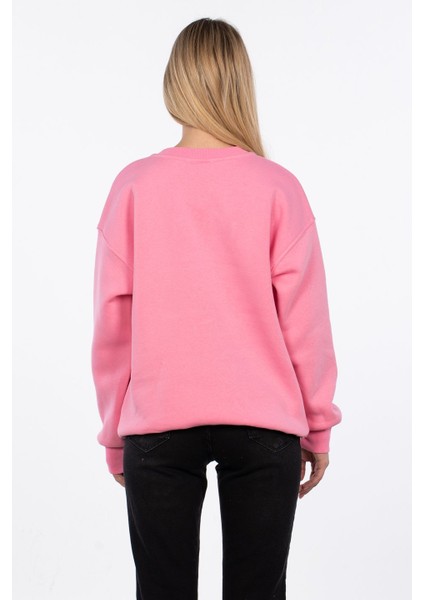 Bisiklet Yaka Yazı Nakışlı Sweatshirt - Pembe