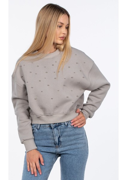 Bisiklet Yaka Inci Detaylı Sweatshirt - Gri