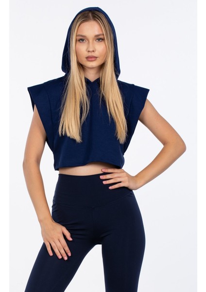 Kapüşonlu Kolsuz Crop Sweatshirt - Lacivert