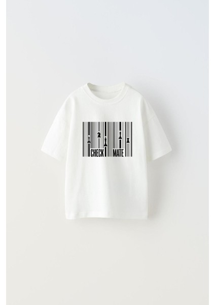 Check Mate Yazılı Satranç Çizgi Tasarım Baskılı Beyaz Çocuk T-Shirt