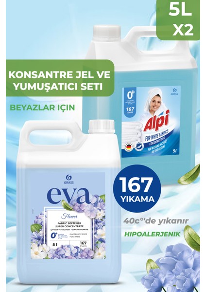 Çamaşır Seti Alpi White Deterjanı 5l Beyazlar Için+ Eva Yumuşatıcı 5l (167 Yikama X2)