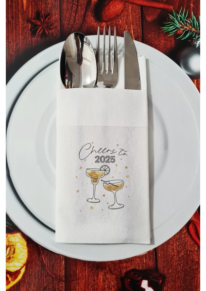 Kumaş Dokulu Cheers to 2026 Yazılı Yılbaşı Masası Sunum Peçetesi