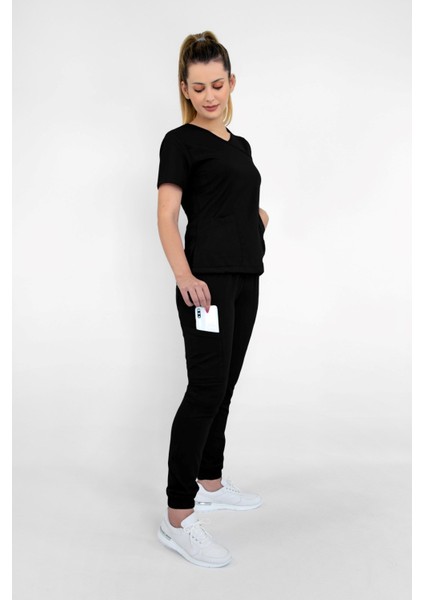 Hemşire Doktor Üniforma Takımı - Jogger Model - Siyah