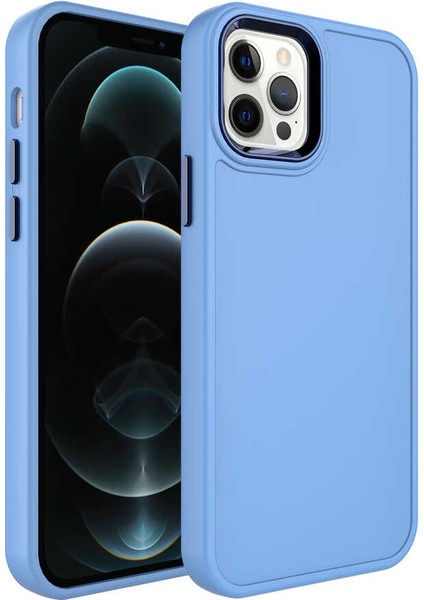Apple iPhone 12 Pro Max Kılıf Metal Çerçeve ve Buton Tasarımlı Sert Zore Botox Kapak-Mavi