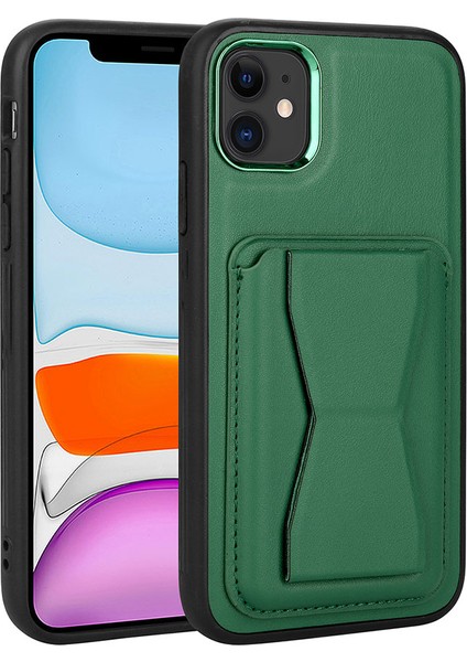 Apple iPhone 11 Uyumlu Kartlıklı Standlı ​pu Deri Zore Memo Kapak-Koyu Yeşil
