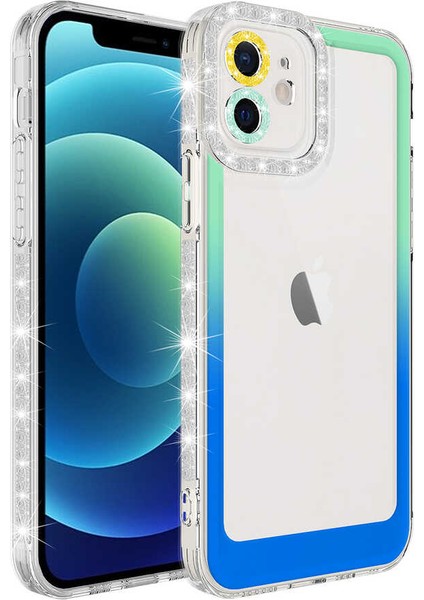 Apple iPhone 11 Kılıf Simli ve Renk Geçiş Tasarımlı Lens Korumalı Zore Park Kapak-Yeşil-Mavi