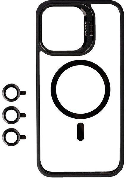 Apple iPhone 15 Pro Kılıf Magsafe Wireless Şarj Özellikli Standlı Zore Magsafe Klon Lensli Kapak-Siyah