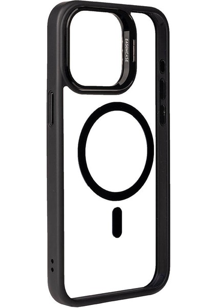 Apple iPhone 15 Pro Kılıf Magsafe Wireless Şarj Özellikli Standlı Zore Magsafe Klon Lensli Kapak-Siyah