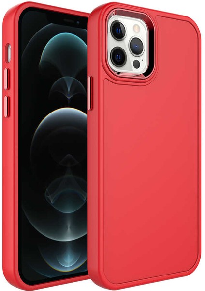 Apple iPhone 12 Pro Max Kılıf Metal Çerçeve ve Buton Tasarımlı Sert Zore Botox Kapak-Kırmızı
