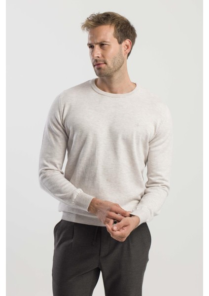 Bej Slim Fit Bisiklet Yaka Triko Kazak