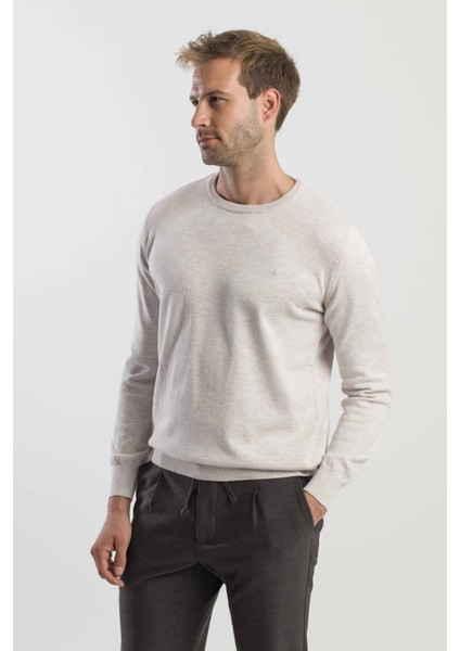 Bej Slim Fit Bisiklet Yaka Triko Kazak