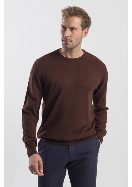 Kahve Slim Fit Bisiklet Yaka Triko Kazak