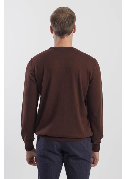 Kahve Slim Fit Bisiklet Yaka Triko Kazak