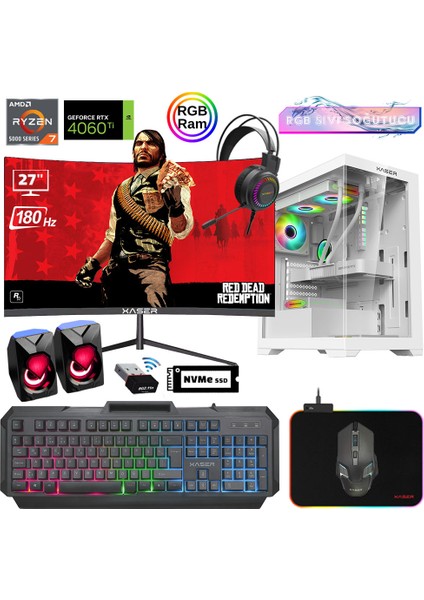 XSR907 Ryzen 7 5700X 16GB Ram 512GB M.2 Nvme SSD 8gb RTX4060TI 27"curved 180Hz Sıvı Soğutma Oyun Bilgisayarı