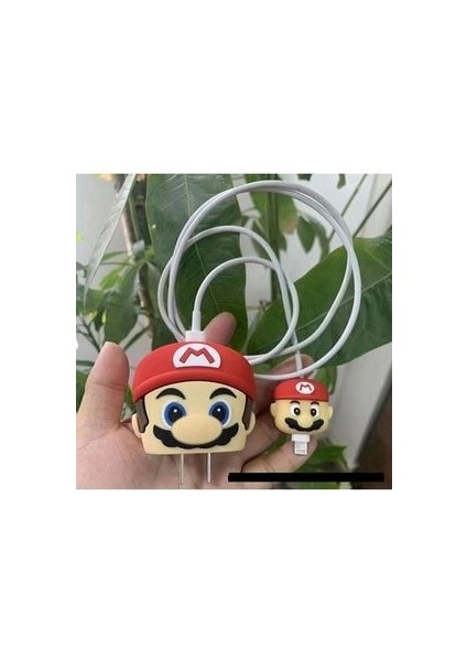 Sevimli Mario Silikon Şarj Başlığı ve Kablo Koruyucu Set