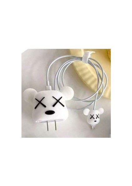Sevimli Beyaz Xx Silikon Şarj Başlığı ve Kablo Koruyucu Set