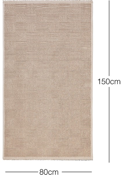 Yıkanabilir Pamuklu Bej Renk Dama Desen Kilim 80 x 150 cm