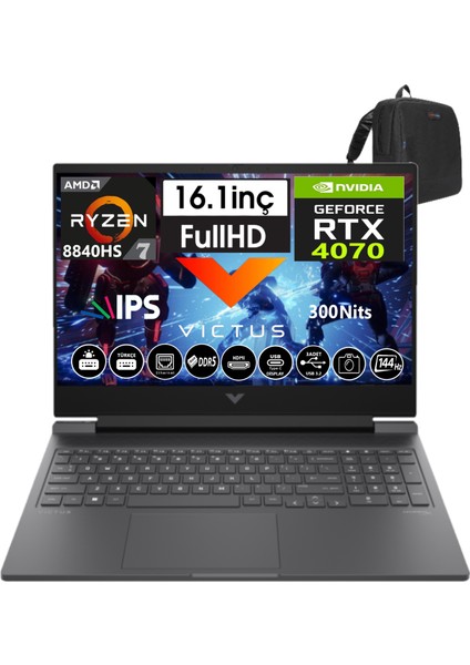Victus 16-S1035NT Amd RYZEN7-8840HS 32GB Ddr5 2tb SSD 8GB/RTX4070 WINDOWS11HOME 16" 144 Hz Fhd IPS Taşınabilir Bilgisayar WA1UZ2EA27+WEBLEGELSINÇANTA