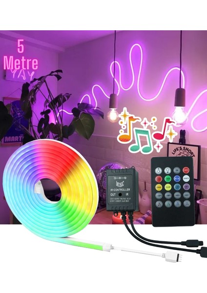 SB-6505 Neon LED Şerit LED Işık Seti Rgb Çok Renkli Sese Müziğe Duyarlı Kumandalı ve Adaptör