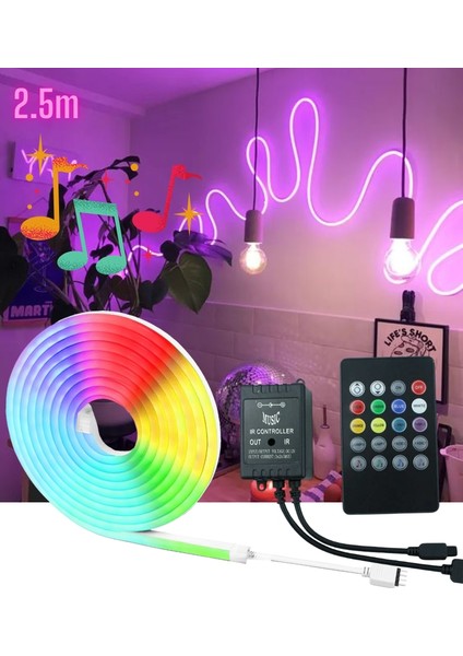 SB-6505 Neon LED Şerit LED Işık Seti Rgb Çok Renkli Sese Müziğe Duyarlı Kumandalı ve Adaptör