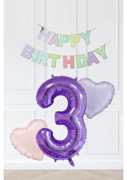 Makaron Renkler Doğum Günü Balon Seti Kalp Balonlu Mor Rakamlı Makaron Bannerlı