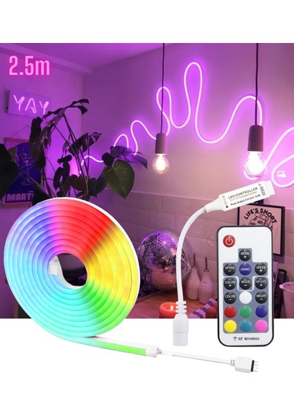 SB-6506 Neon LED Şerit LED Işık Seti Rgb Çok Renkli Rf Kumandalı Aydınlatma ve Adaptör