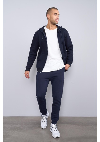 3569 Kapüşonlu 3 Iplik Şardonlu Lacivert Sweatshirt