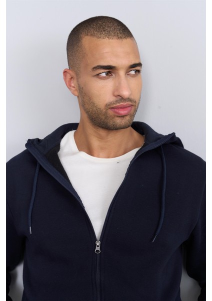 3569 Kapüşonlu 3 Iplik Şardonlu Lacivert Sweatshirt