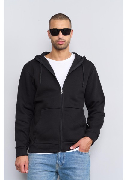 3569 Kapüşonlu 3 Iplik Şardonlu Siyah Sweatshirt