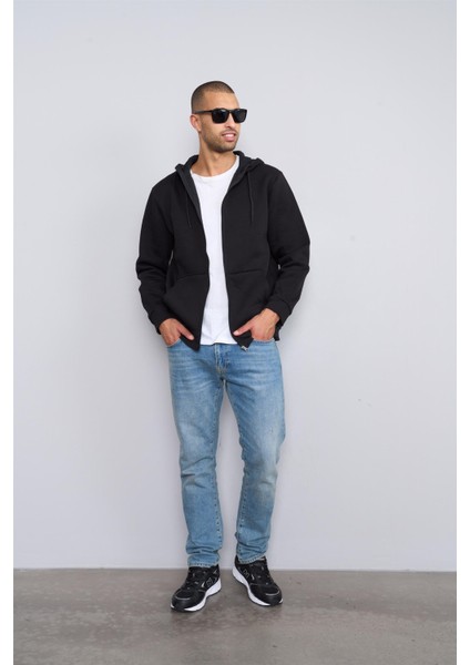 3569 Kapüşonlu 3 Iplik Şardonlu Siyah Sweatshirt