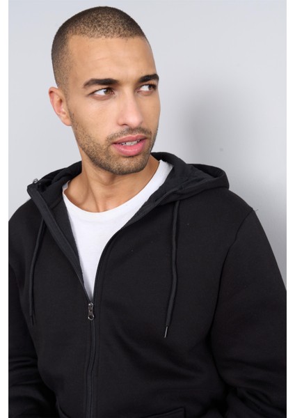 3569 Kapüşonlu 3 Iplik Şardonlu Siyah Sweatshirt