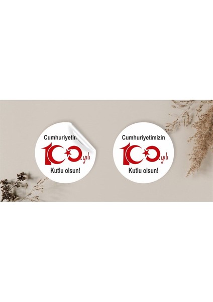 100. Yıl 29 Ekim Cumhuriyet Bayramı Yapışkanlı Etiket 4 cm Yuvarlak 48 Adet (Beyaz)