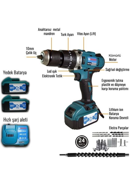 EEA206 Professional Şarjlı Matkap 5 Pilli 88V 12AH