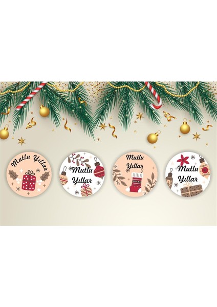 Yılbaşı Temalı Sticker-Mutlu Yıllar Etiketi-Yılbaşı Paketleme Happy New Year-4 cm 36 Adet