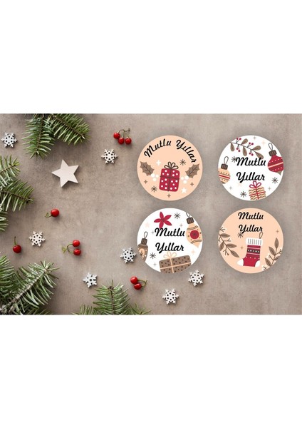Yılbaşı Temalı Sticker-Mutlu Yıllar Etiketi-Yılbaşı Paketleme Happy New Year-4 cm 36 Adet fiyatları