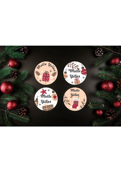 Yılbaşı Temalı Sticker-Mutlu Yıllar Etiketi-Yılbaşı Paketleme Happy New Year-4 cm 36 Adet modelleri