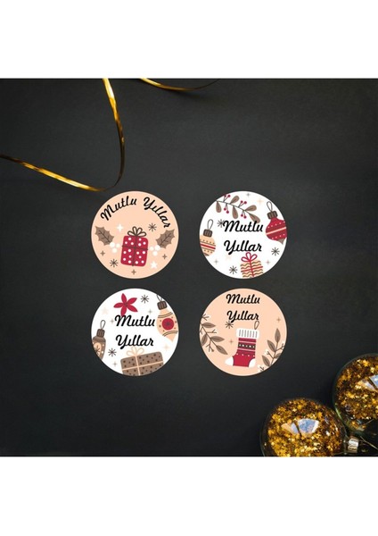 Yılbaşı Temalı Sticker-Mutlu Yıllar Etiketi-Yılbaşı Paketleme Happy New Year-4 cm 36 Adet fırsatları